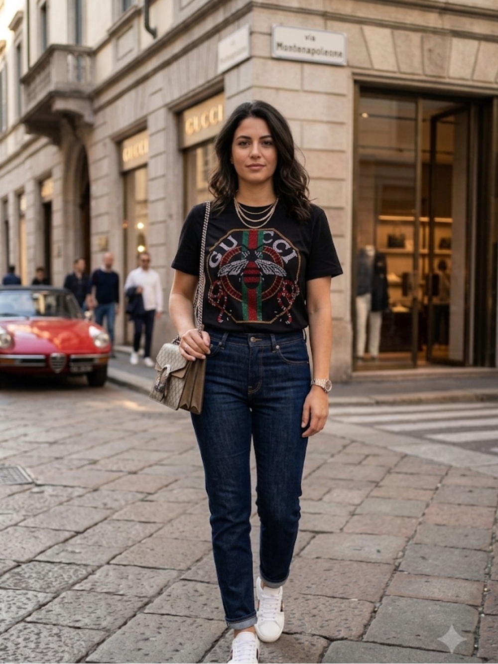 Brand, New stretch Black Crystal Bee Tee with Red and Green Stripe